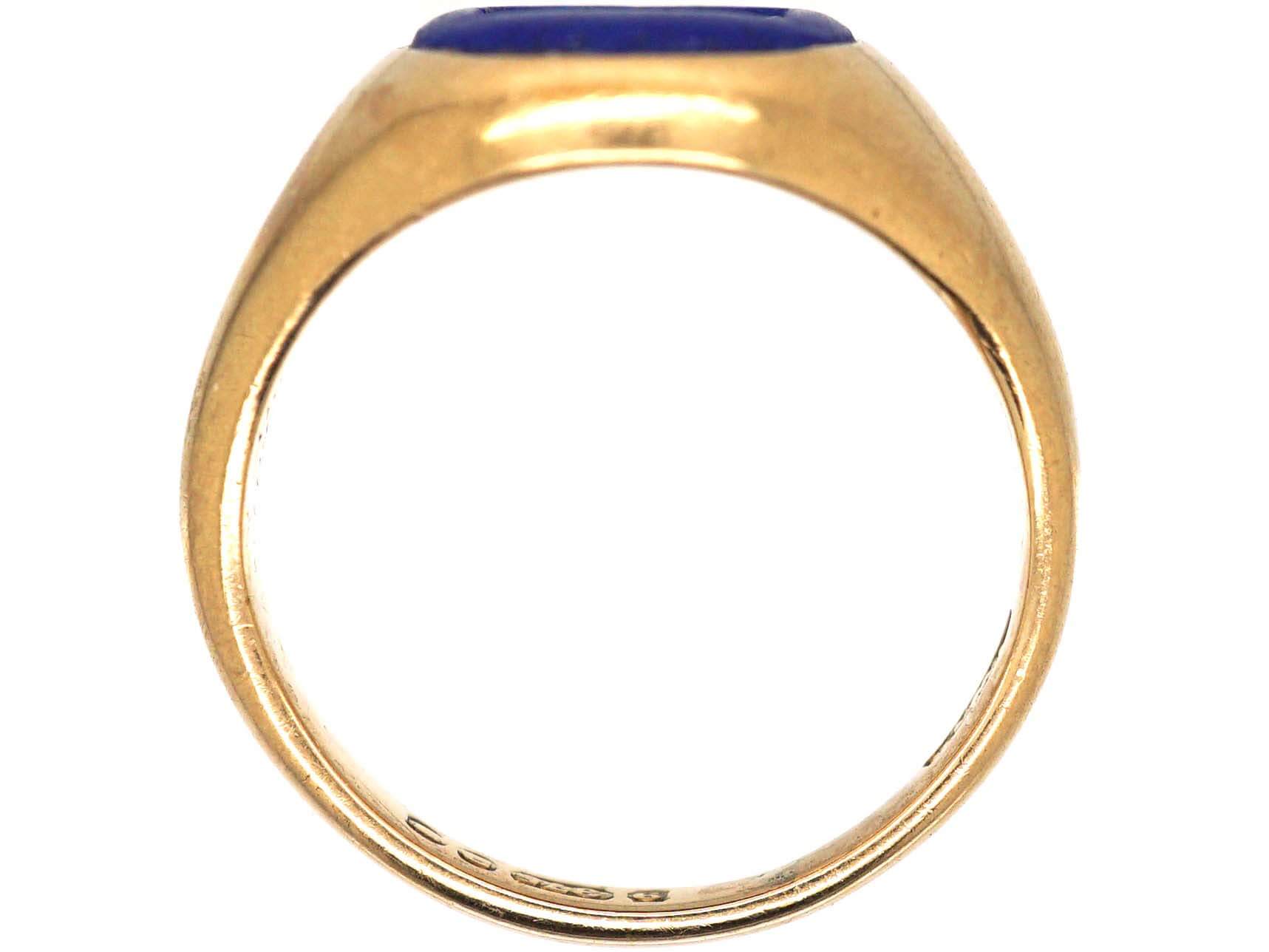 9ct Gold & Lapis Lazuli Signet Ring with Intaglio of a Cow & Crosses ...