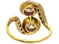 Art Deco 18ct Gold & Platinum, Two Stone Diamond & Ruby Crossover Ring