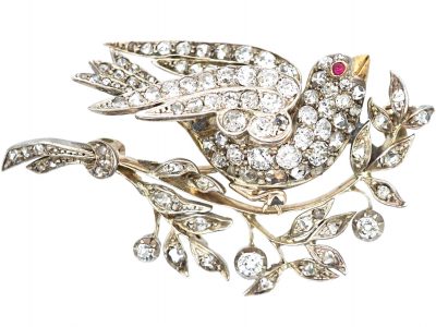 Victorian Silver & Gold Diamond Set Bird Brooch on Branch