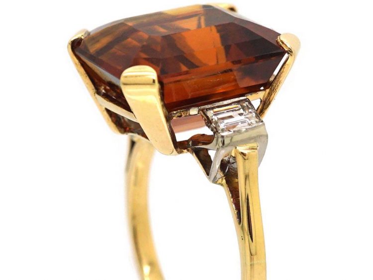 Retro 18ct Gold Large Madeira Citrine & Baguette Diamond Ring