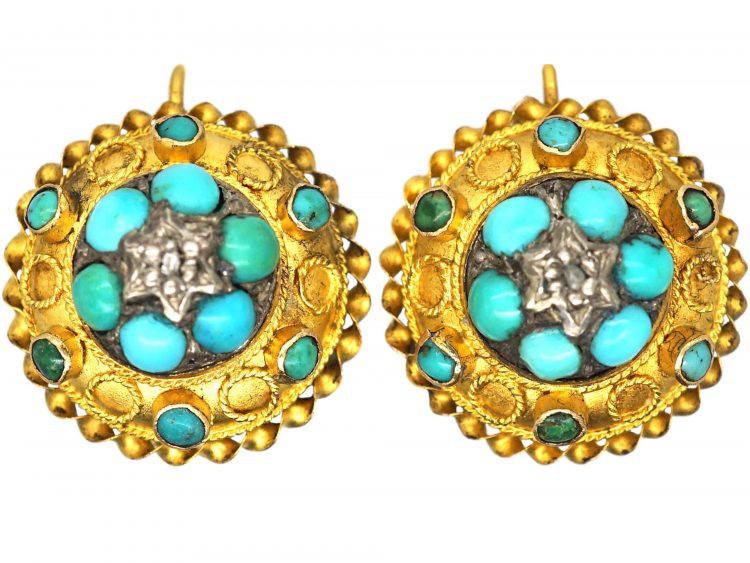Victorian 15ct Gold, Turquoise & Diamond Round Earrings