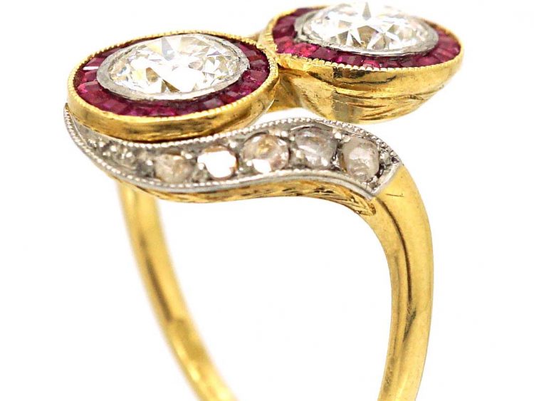 Art Deco 18ct Gold & Platinum, Two Stone Diamond & Ruby Crossover Ring