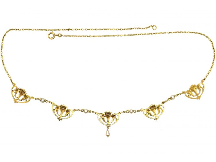 French Belle Epoque 18ct Gold Garland Necklace set with Natural Pearls