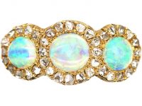 Edwardian 18ct Gold, Three Stone Opal & Rose Diamond Triple Cluster Ring
