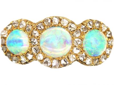 Edwardian 18ct Gold, Three Stone Opal & Rose Diamond Triple Cluster Ring