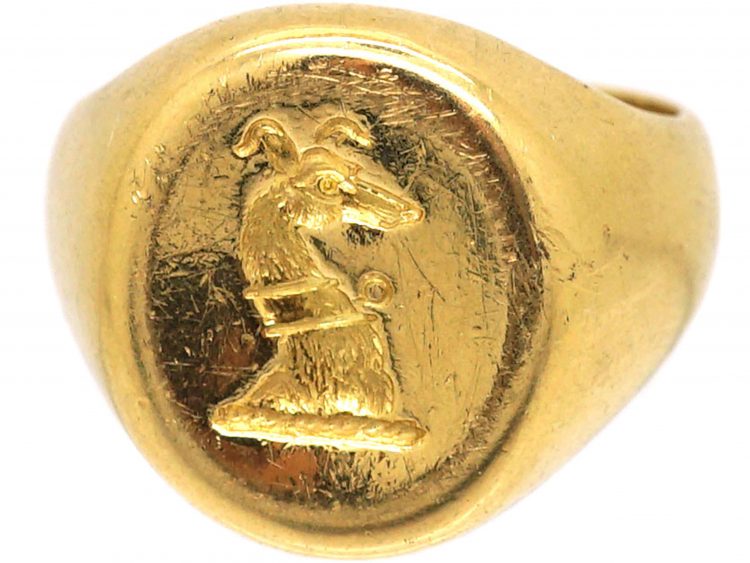 18ct Gold Signet ring with Engraved Dog by Charles Green & Sons