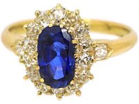 Victorian 18ct Gold, Unheated Ceylon Sapphire & Diamond Oval Cluster Ring with Diamond Set Shoulders
