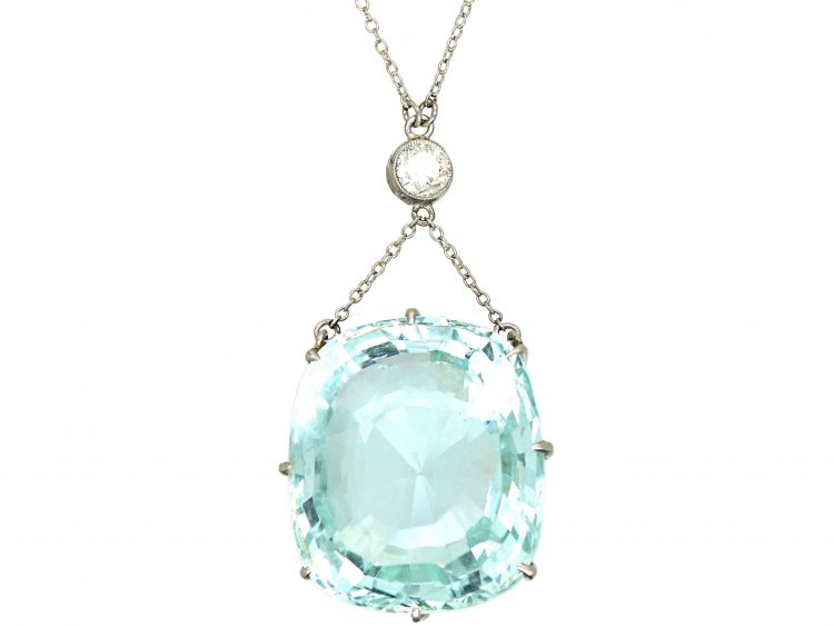 Art Deco Large Aquamarine & Diamond Pendant on Chain