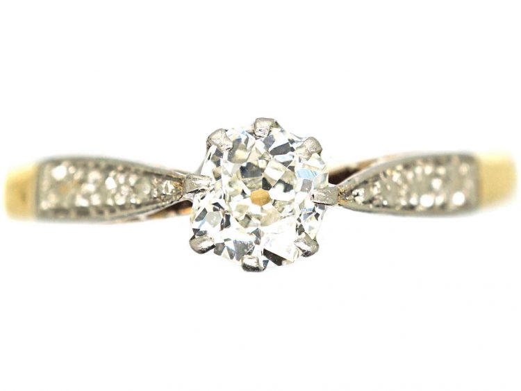 Art Deco 18ct Gold & Platinum, Diamond Solitaire Ring with Decorative Platinum Shoulders