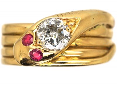 Victorian 18ct Gold Snake Ring set with a Diamond & Ruby Eyes