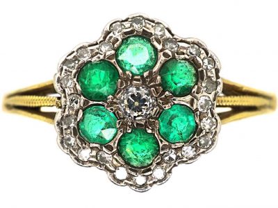 Edwardian 18ct Gold, Emerald & Diamond Cluster Ring