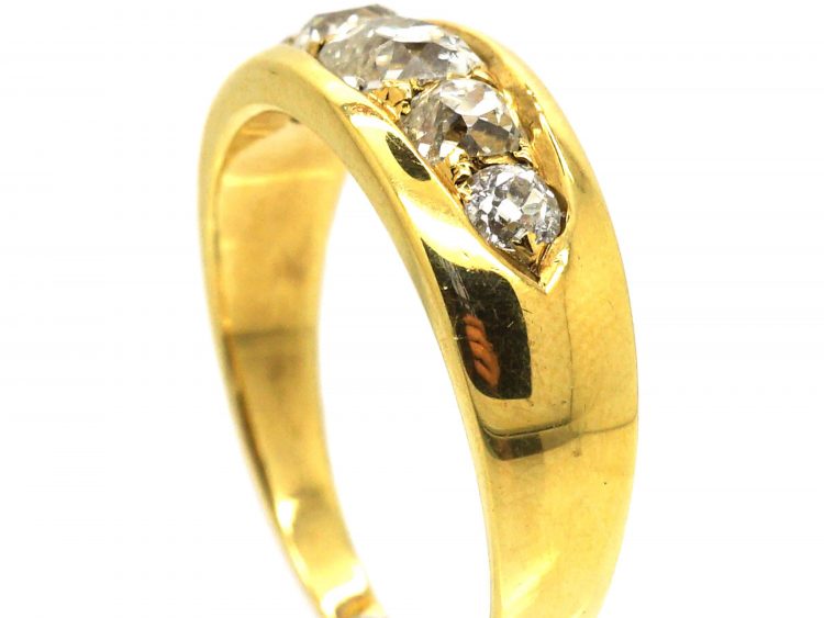 Victorian 18ct Gold, Five Stone Old Mine Cut Diamond Boat Shaped Ring