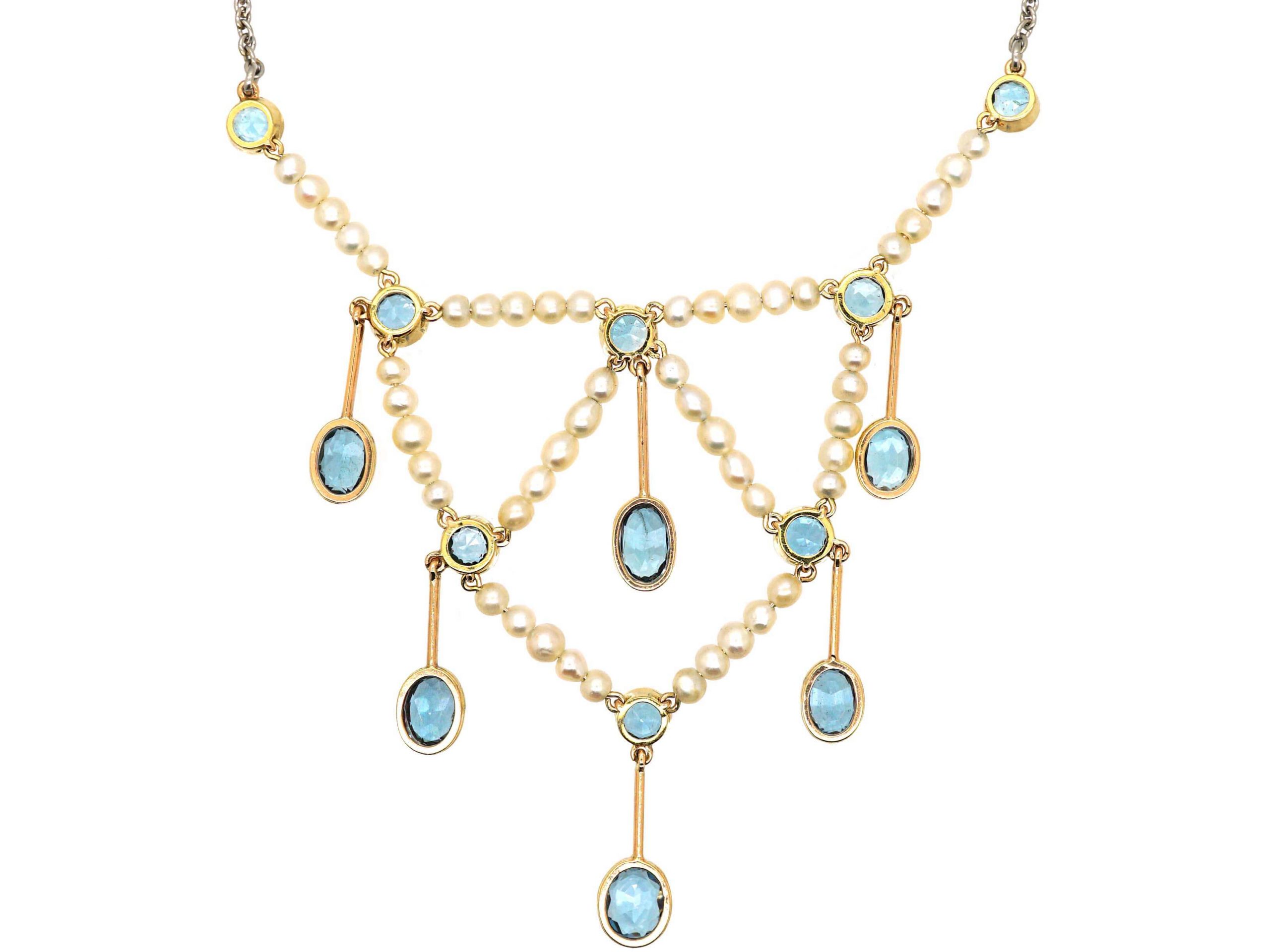Edwardian Platinum & 15ct Gold Necklace set with Aquamarines & Natural ...