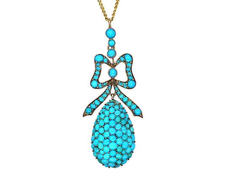 Victorian 9ct Gold Pave Set Turquoise Pendant on Chain