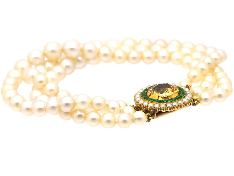 Three Row Cultured Pearl Bracelet with a Victorian Natural Split Pearl, Green Enamel & Topaz Clasp
