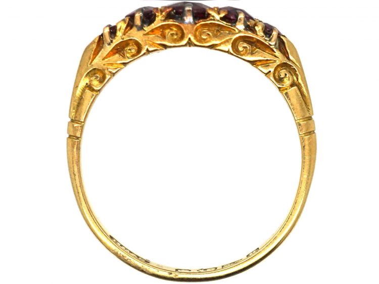 Victorian 18ct Gold Five Stone Ruby Carved Half Hoop Ring