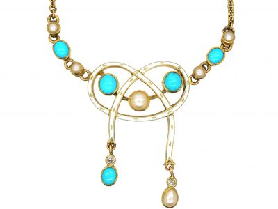 Edwardian 15ct Gold, Lover's Knot Necklace set with Diamonds, Turquoise & Natural Split Pearls