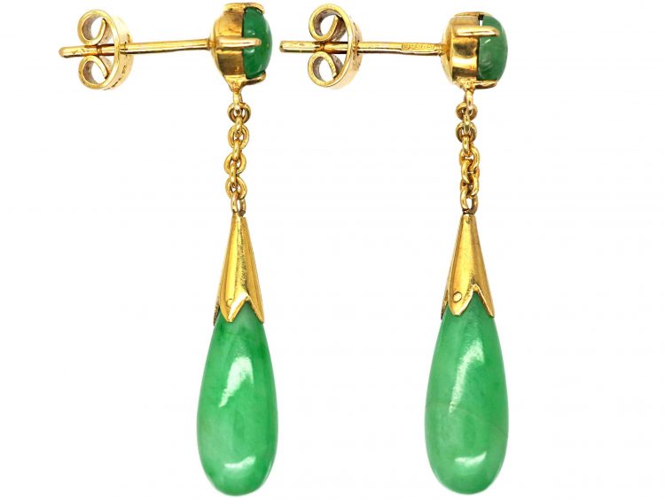 Art Deco 9ct Gold & Cabochon Jade Drop Earrings
