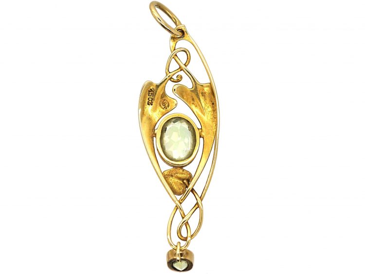 Art Nouveau 15ct Gold & Green Tourmaline Pendant by Murrle Bennett & Co