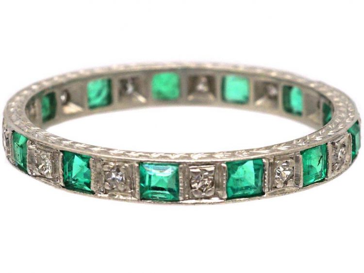 Art Deco Platinum Eternity Ring set with Emeralds & Diamonds