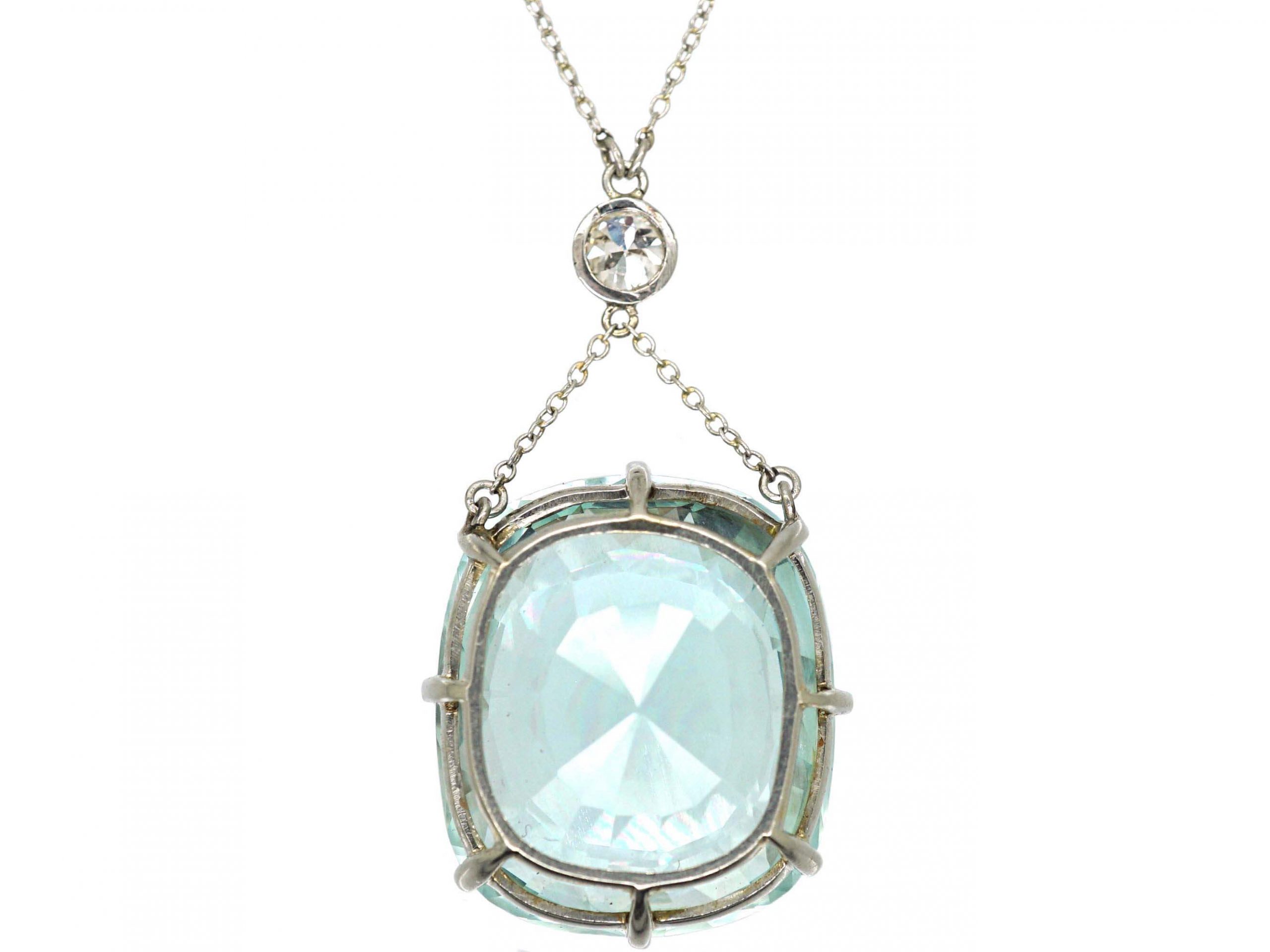 Art Deco Large Aquamarine And Diamond Pendant On Chain 811s The Antique Jewellery Company 4090