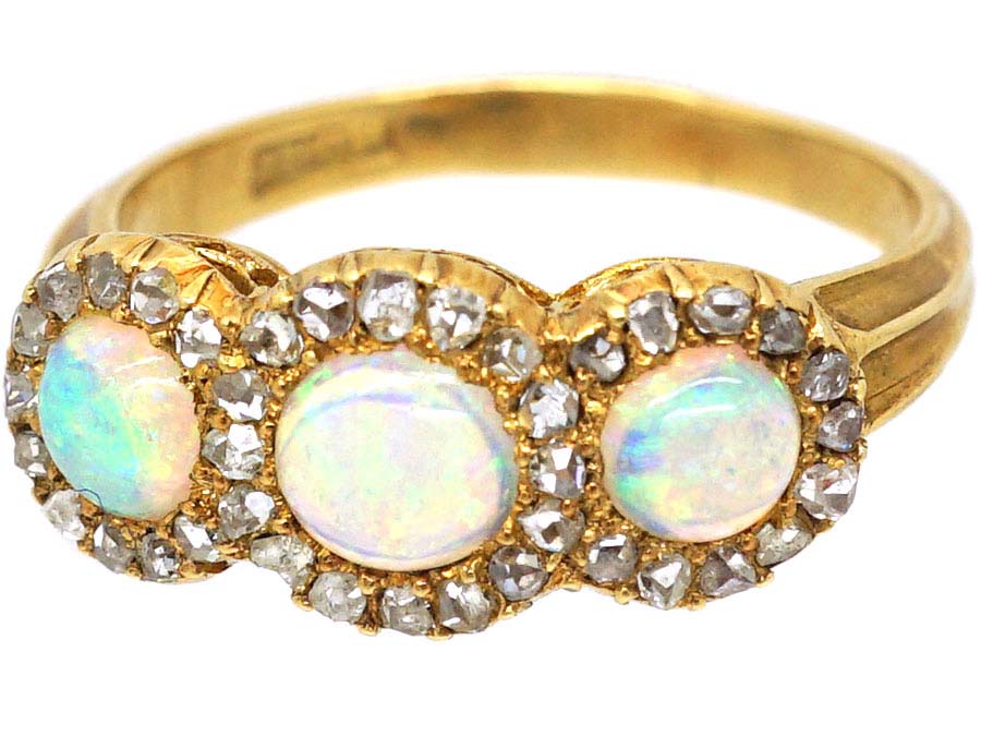 Edwardian 18ct Gold, Three Stone Opal & Rose Diamond Triple Cluster ...