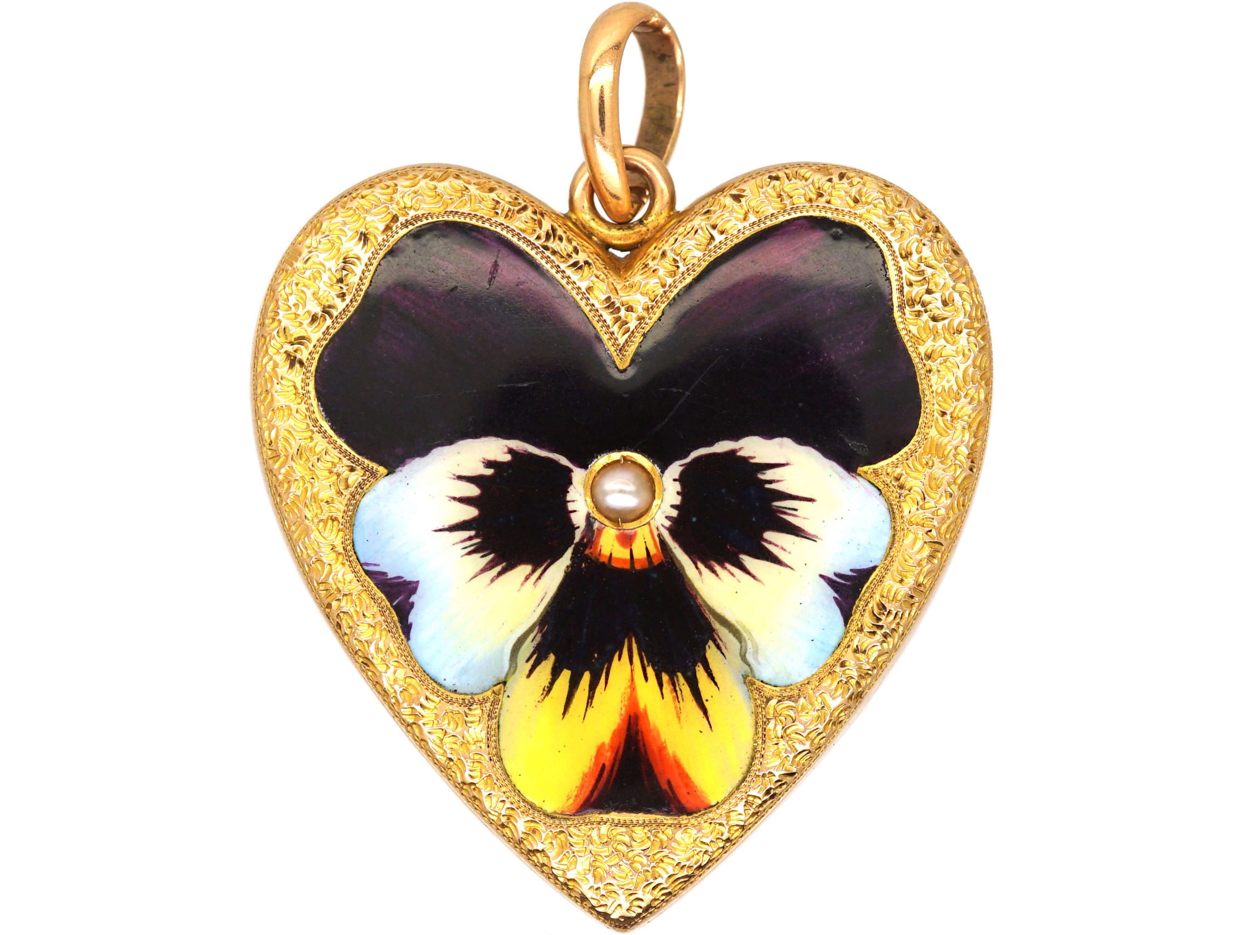 Edwardian 18ct Gold, Large Heart Shaped Pendant with Enamelled Pansy