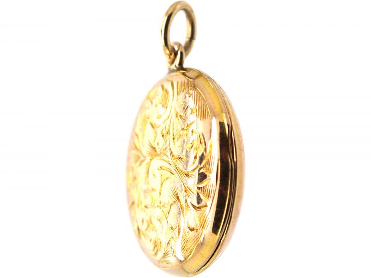 Edwardian 9ct Gold Small Round Locket with Engraved Leaf Motif
