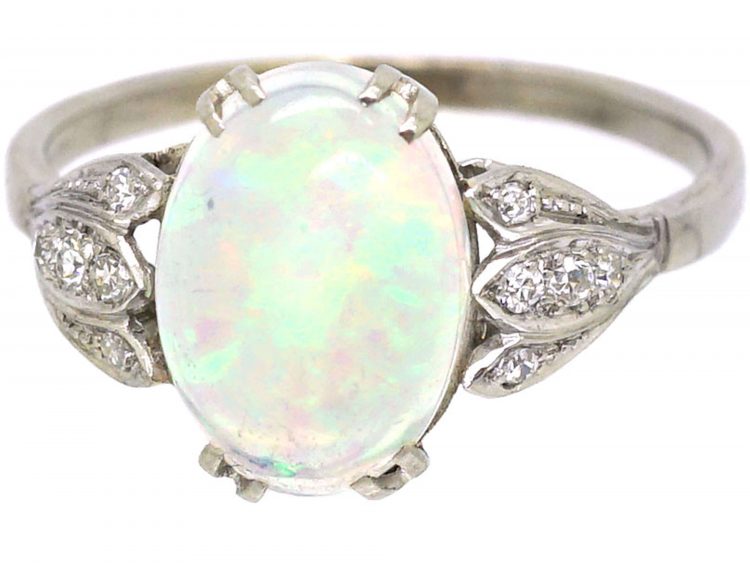 Art Deco 18ct White Gold & Platinum, Water Opal Ring with Diamond set Leaf Shoulders