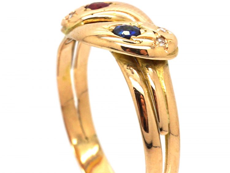 Victorian 15ct Gold Double Snake Ring set with a Ruby & Sapphire With Rose Diamond Eyes