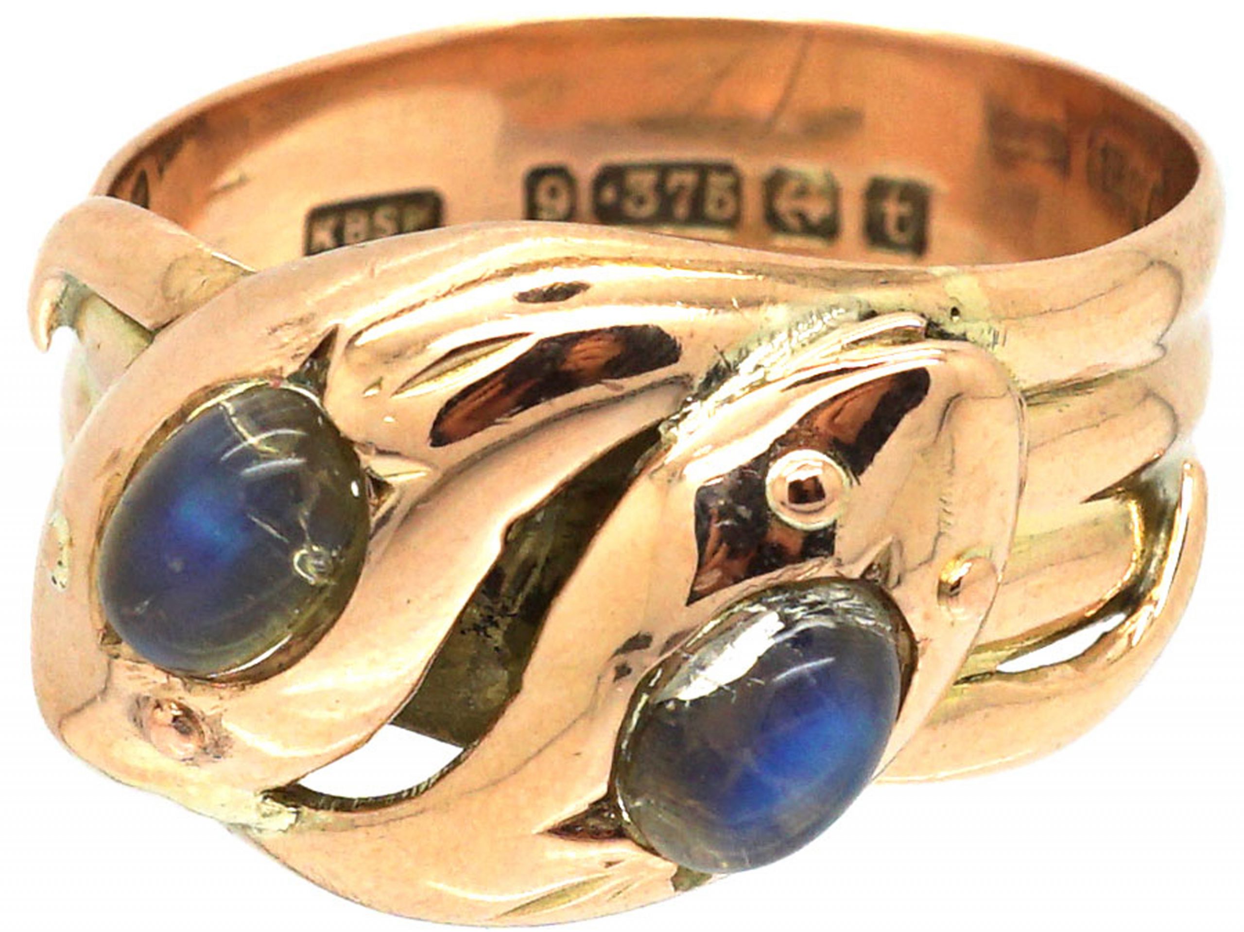 Edwardian 9ct Gold Double Snake Ring set with Moonstones (896S) The Antique Jewellery Company