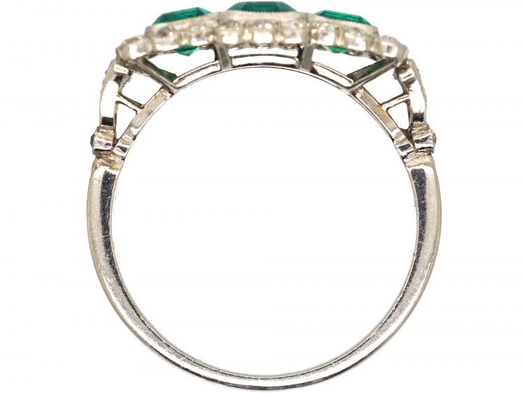 Art Deco Platinum, Three Stone Emerald & Diamond Cluster Ring