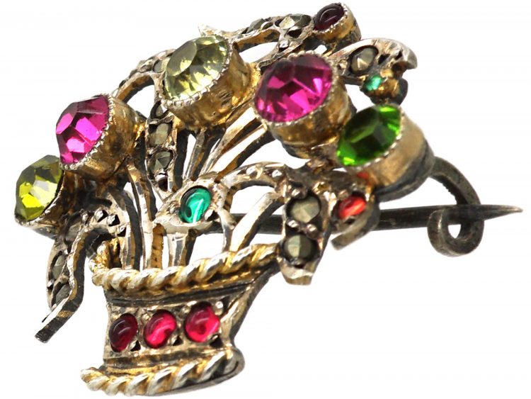 Edwardian Silver, Marcasite & Coloured Paste Giardinetto Brooch