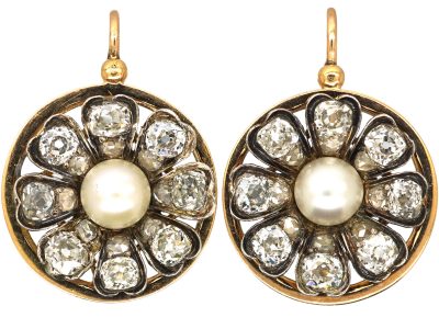 French 18ct Gold Belle Epoque 18ct Gold, Old Mine Cut Diamond & Natural Bouton Pearl Cluster Earrings