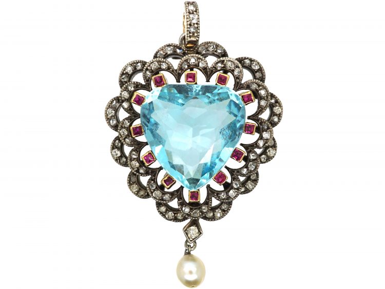 Edwardian Aquamarine, Diamond & Ruby Heart Shaped Pendant