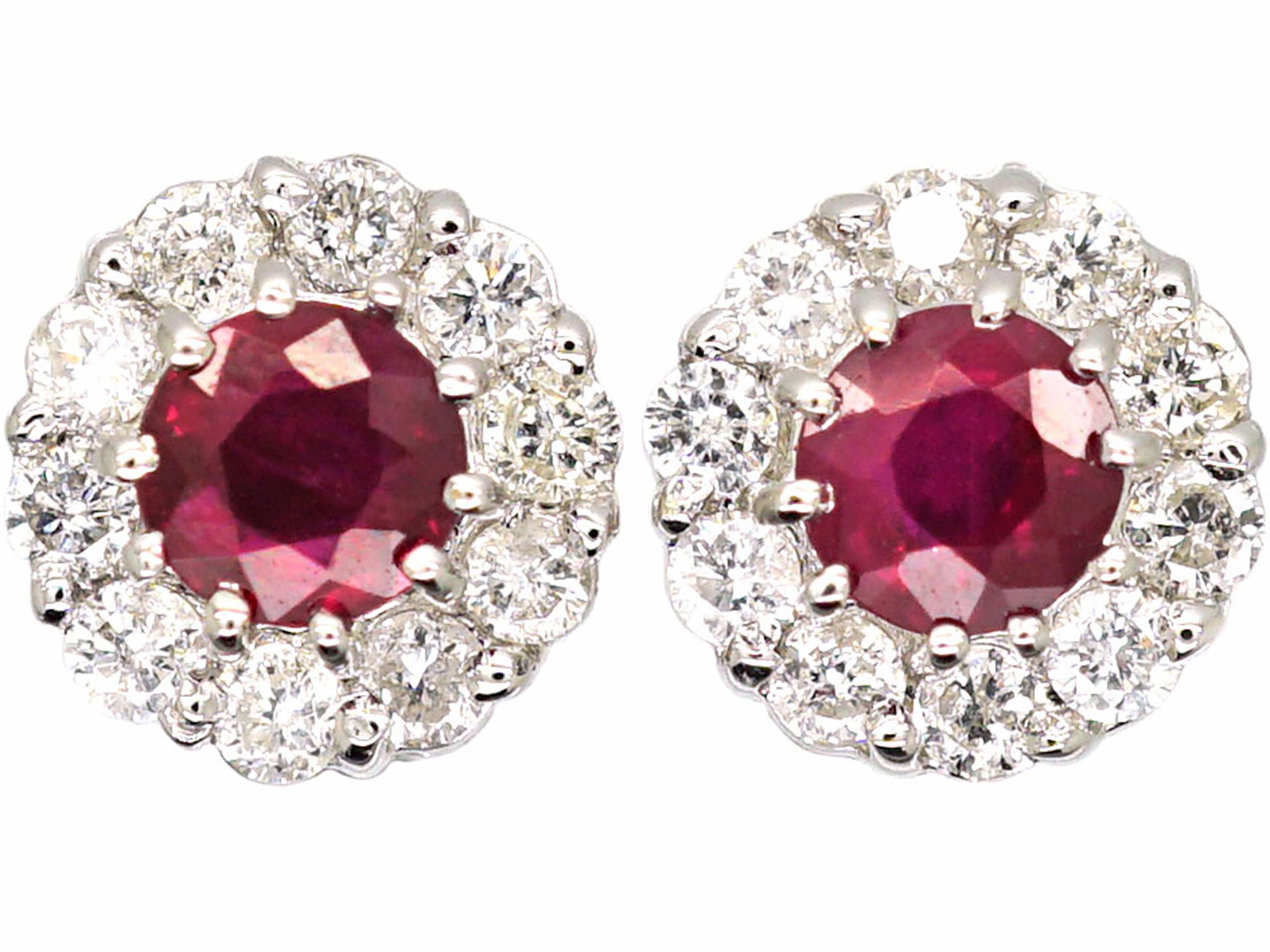 18ct White Gold, Ruby & Diamond Cluster Earrings (925S) | The Antique ...