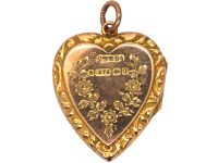 Edwardian 9ct Gold Heart Shaped Locket with Engraved Rose Motif