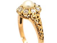 Edwardian 18ct Gold, Diamond & Natural Pearl Cluster Ring