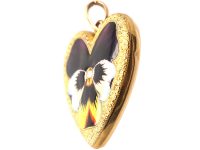 Edwardian 18ct Gold, Large Heart Shaped Pendant with Enamelled Pansy & Natural Split Pearl