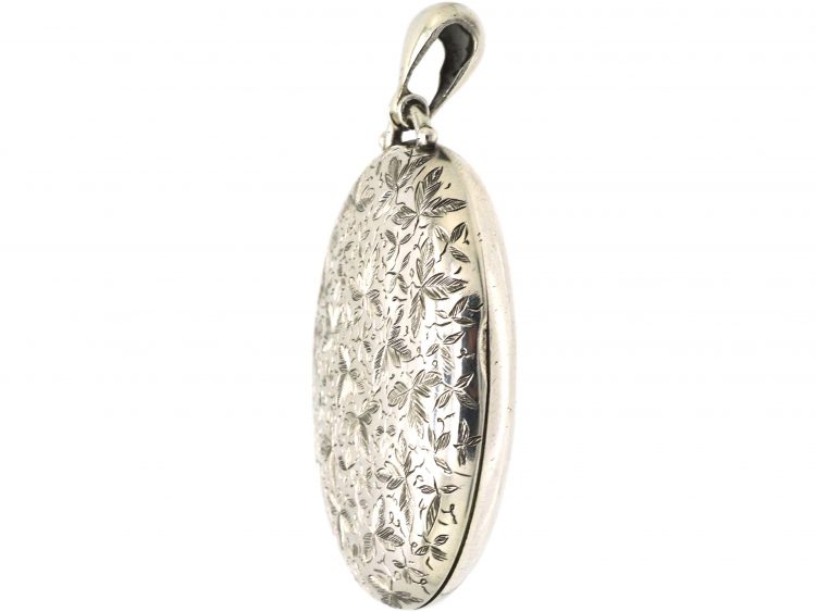 Victorian Silver Oval Locket with Engraved Ivy Leaf Detail