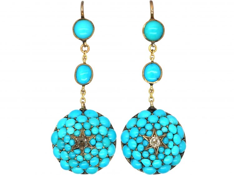 Victorian 15ct Gold, Pave Set Turquoise & Diamond Drop Earrings