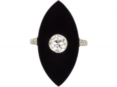 Art Deco Platinum, Onyx & Diamond Marquise Shaped Ring