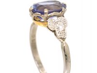 Art Deco 18ct White Gold Sapphire Ring with Diamond set Trefoil Shoulders