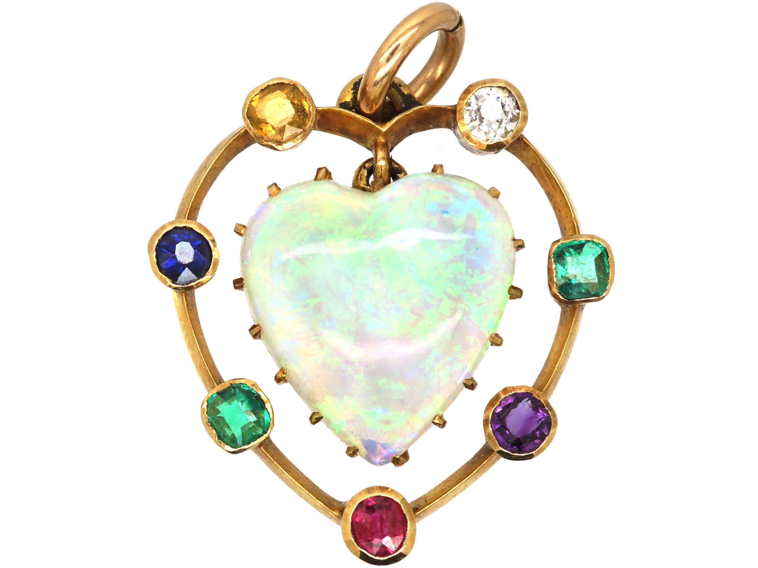 Edwardian 15ct Gold Opal Heart Pendant With Gemstones that Spell