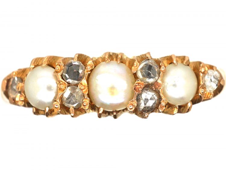 Victorian 18ct Gold Ring set with Three Natural Split Pearls with Rose Diamond Detail