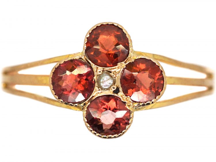 Edwardian 9ct Gold Flower Ring set with Four Garnets & a Natural Pearl