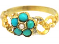 Regency 15ct Gold, Turquoise & Natural Split Pearl Forget Me Not Ring