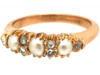 Victorian 18ct Gold Ring set with Three Natural Split Pearls with Rose Diamond Detail