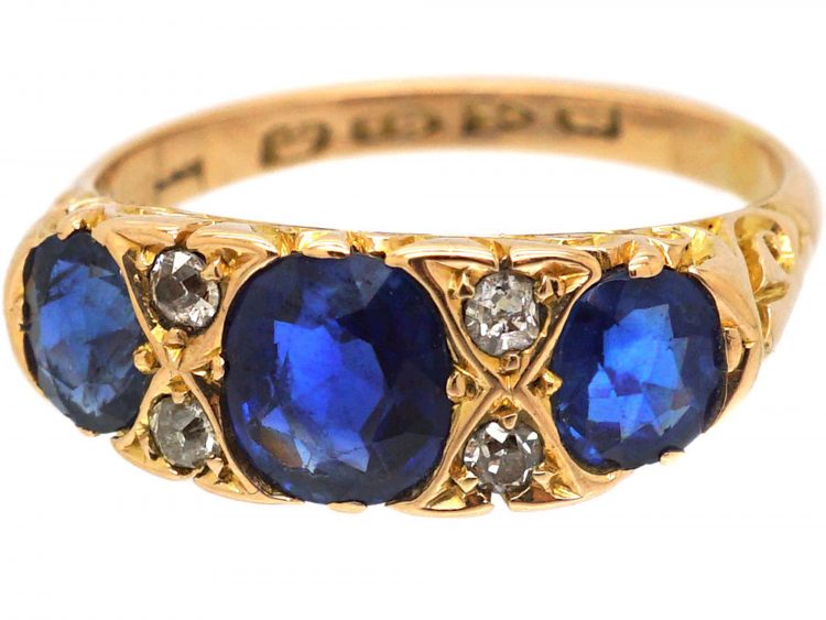 Edwardian 18ct Gold, Three Stone Sapphire & Diamond Carved Half Hoop Ring