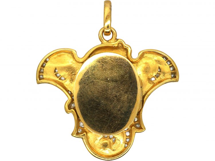 Art Nouveau 18ct Gold & Rose Diamond pendant of a Lady with Locket on Reverse